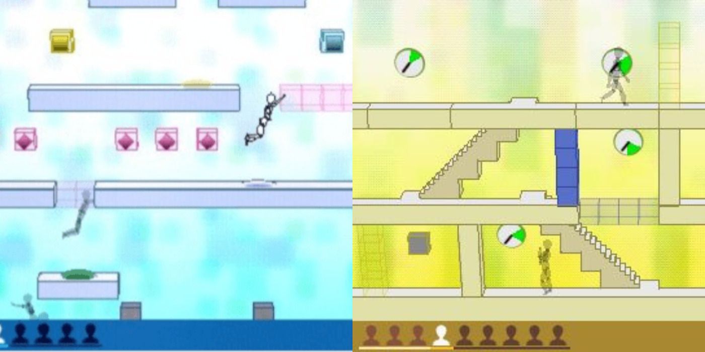 Split image of two levels with multiple platforms in the PSP game Echo.