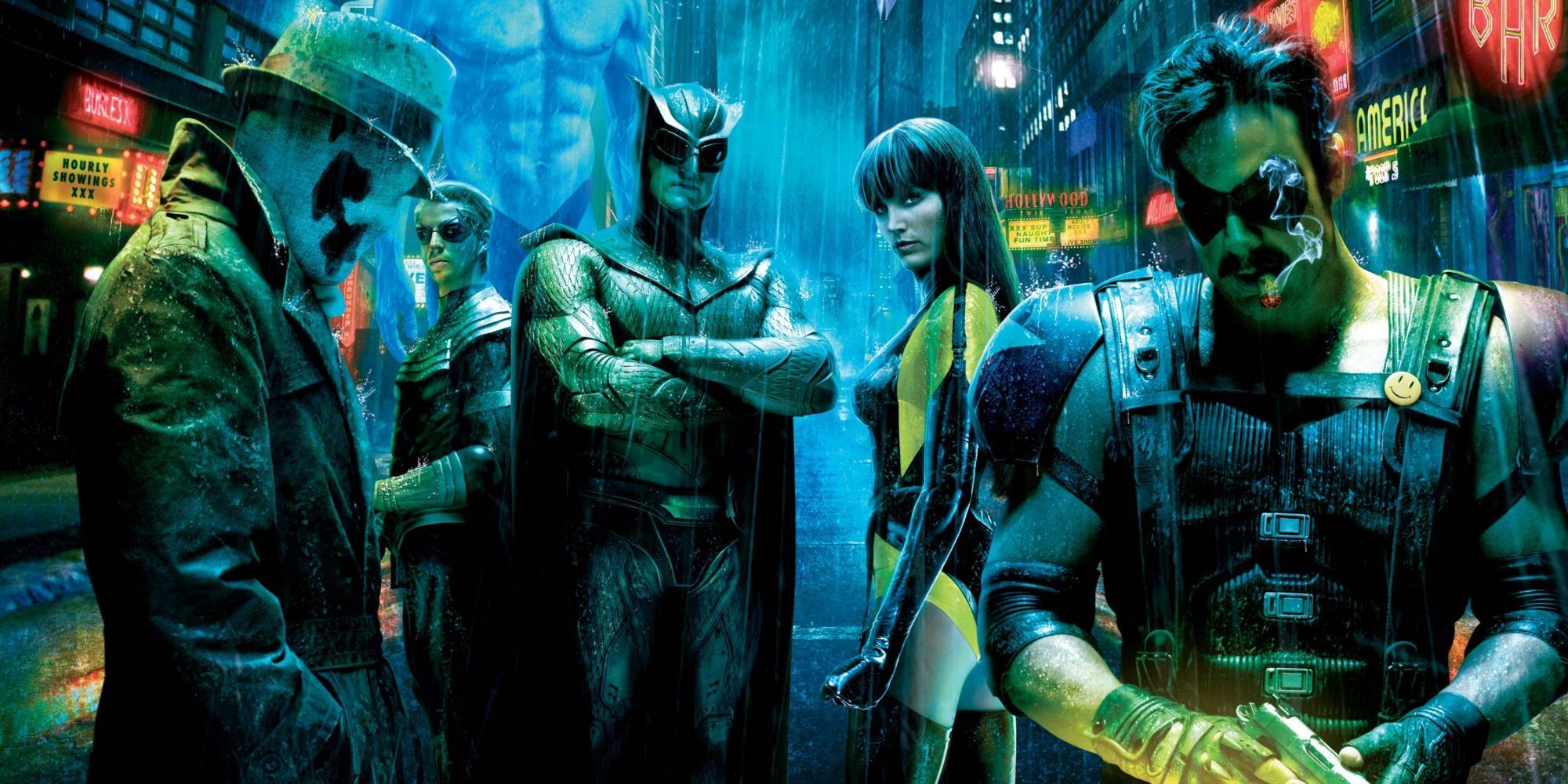 Um pôster de Watchmen com os personagens Silk Spectre, Rorschach, Nite Owl e The Comedian