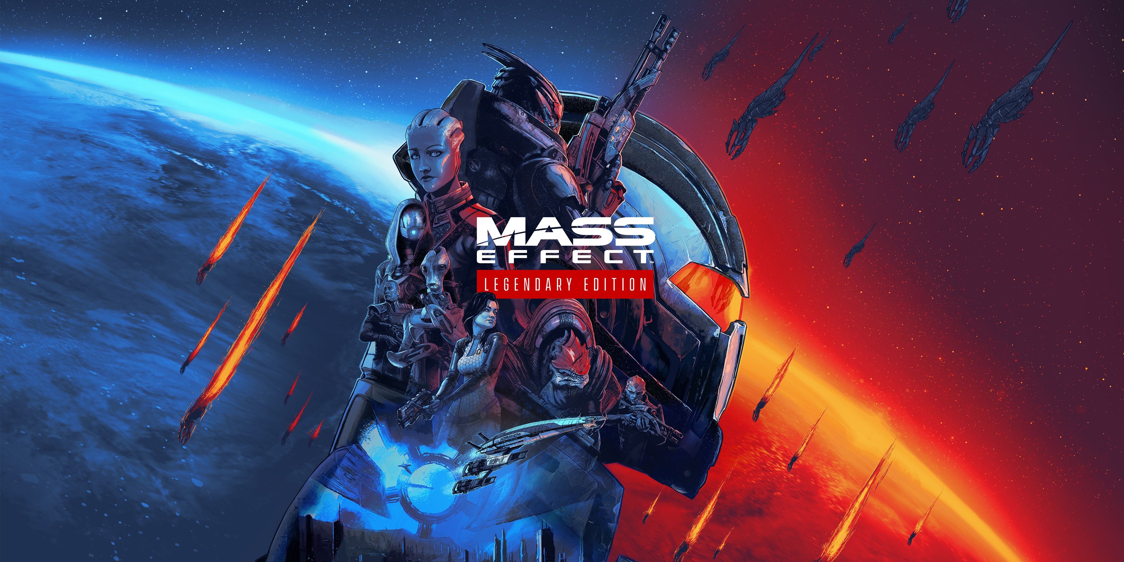 The poster of Mass Effect Legendary Edition featuring the main characters and Commander Shepard's helmet