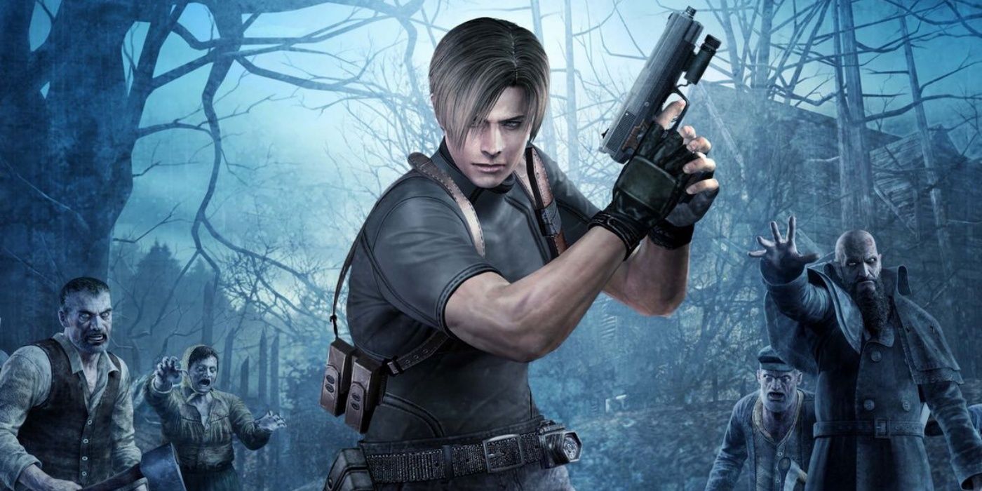 Promotional art for the original Resident Evil 4, showing Leon holding a pistol in a forest, surrounded by Ganados.