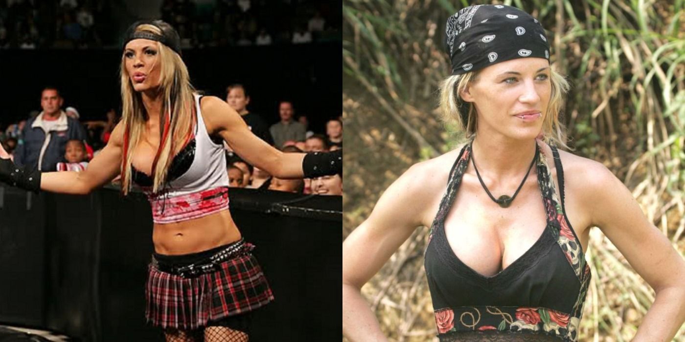 Split image: Ashley Massaro taunts an opponent ringside in the WWE, Massaro competes on Survivor: China.