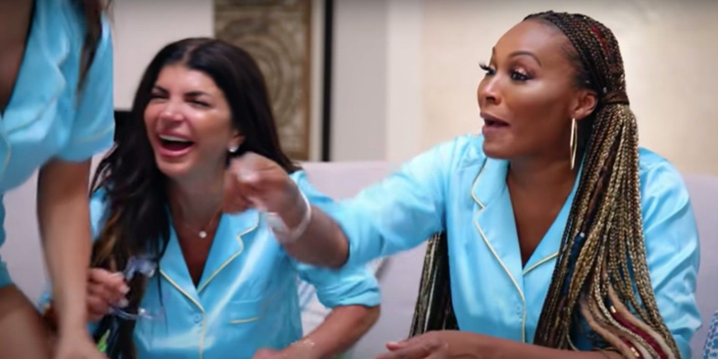 Teresa Giudice and Cynthia Bailey laughing on season 1 of Real Housewives Ultimate Girls Trip