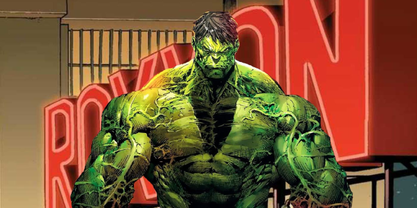 the hulk in front of roxxon sign in marvel comics