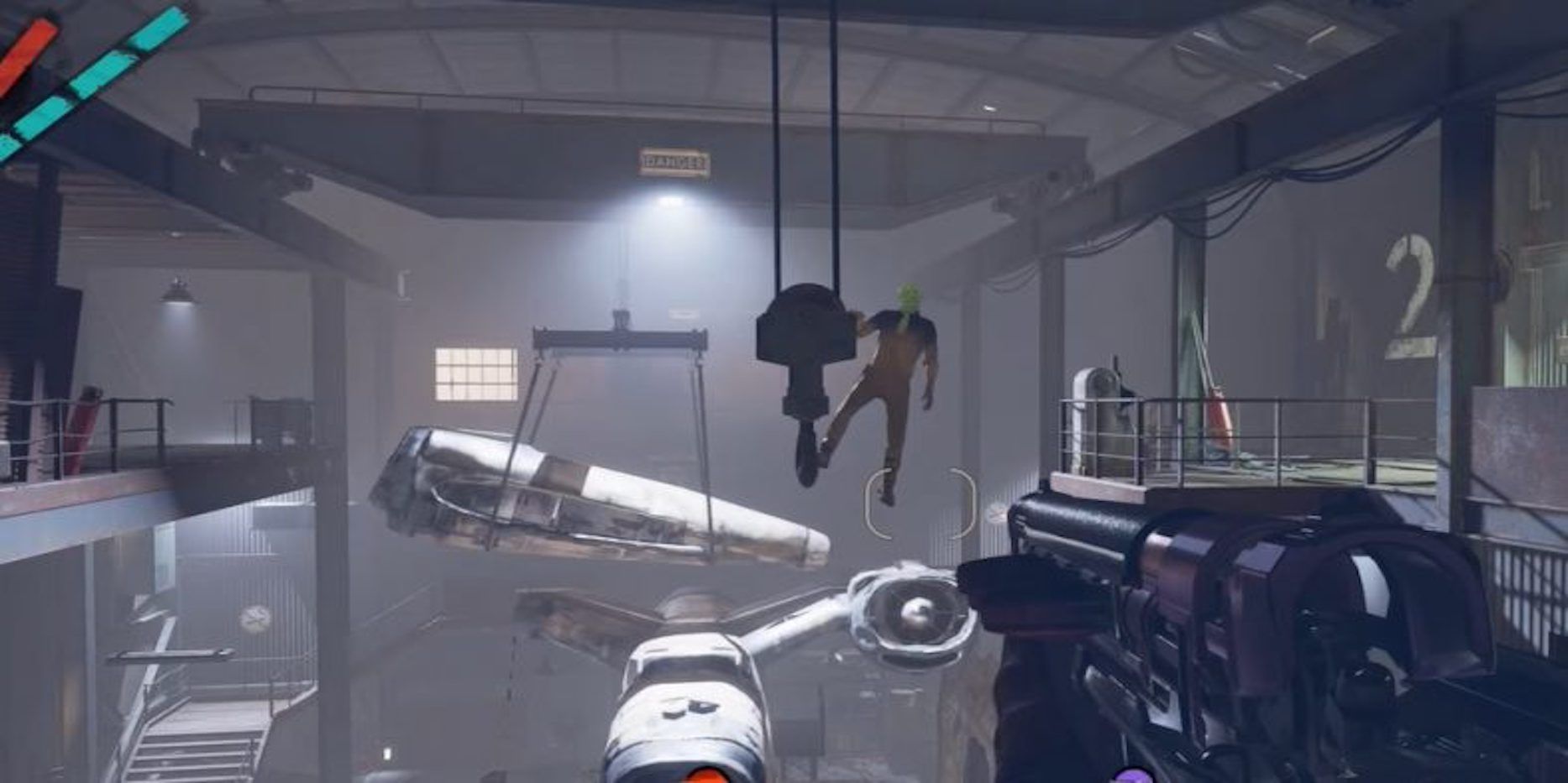 The mask maker dangling from a wire in Deathloop