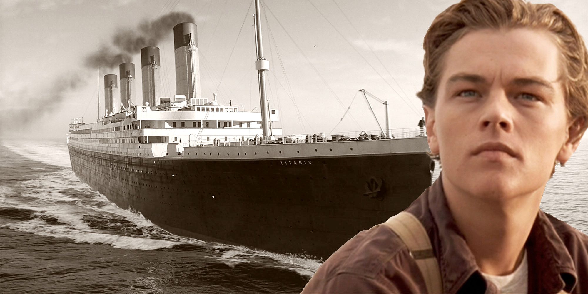 Jack Dawson (DiCaprio) over image of Titanic Sailing