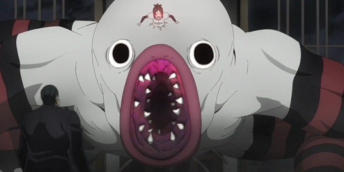 A white creature with sharp fangs faces a man in Tokyo Ghoul