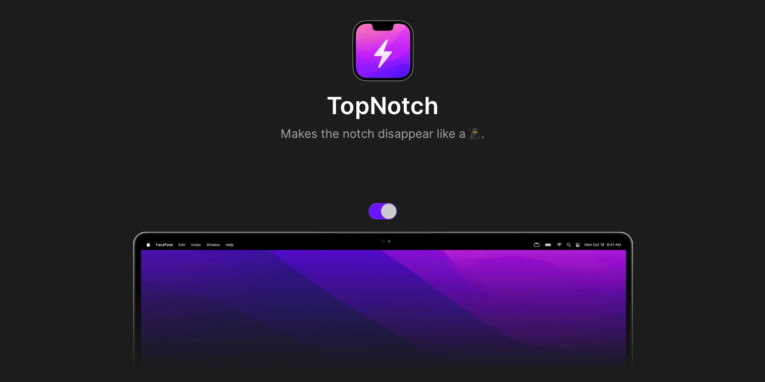 Website for the TopNotch app that hides the MacBook Pro's notch