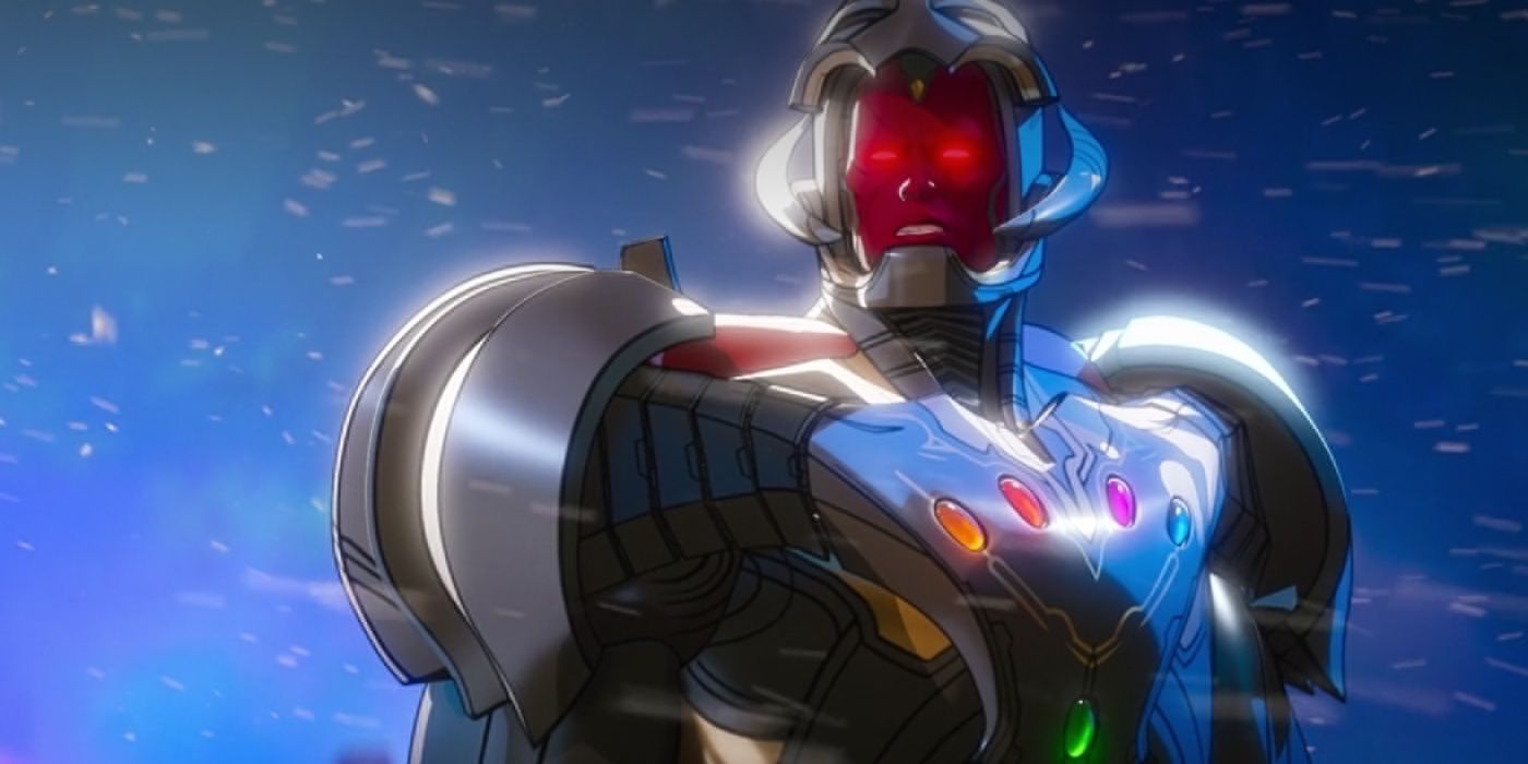Os olhos de Ultron brilhando em vermelho enquanto ele flutua em uma armadura com as Joias do Infinito em Marvel's What If...?