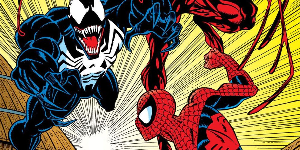 Venom and Carnage leap at Spider-Man who cocks his fist on the cover of Amazing Spider-Man #362