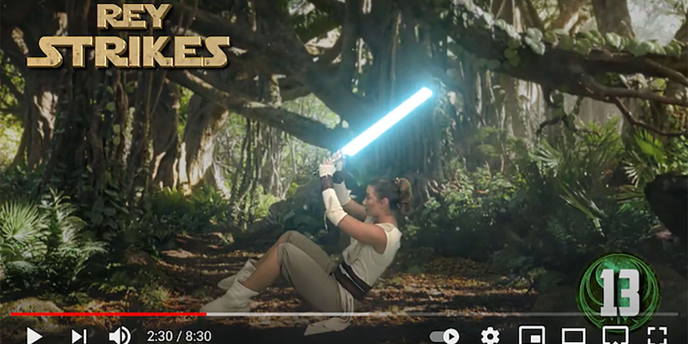 A screenshot of a Rey-themed Star Wars workout from the YouTube channel Get Kids Moving, with her doing sit-ups with a lightsaber.