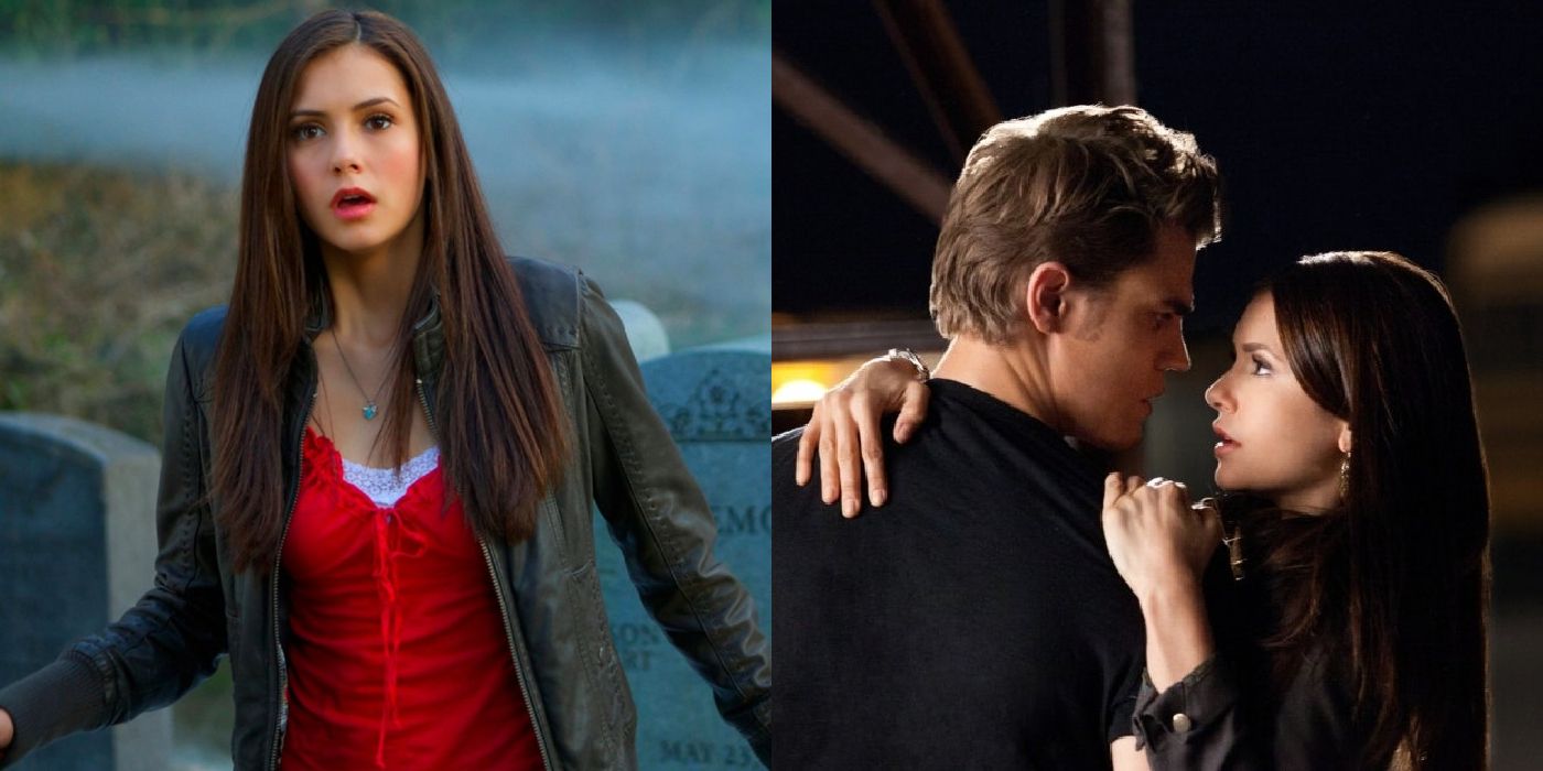 Split image of Elena in trouble and Stefan saving her in The Vampire Diaries