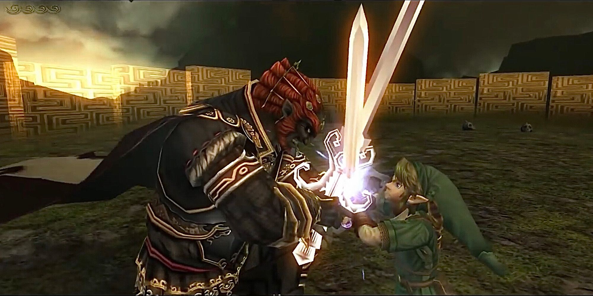  Ganondorf and Link crossing swords for their final battle in The Legend of Zelda: Twilight Princess