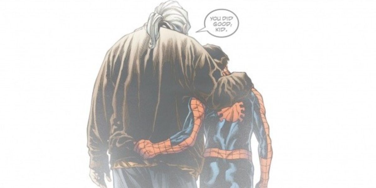Spider-Man and Uncle Ben walk while hugging in Marvel Comics.