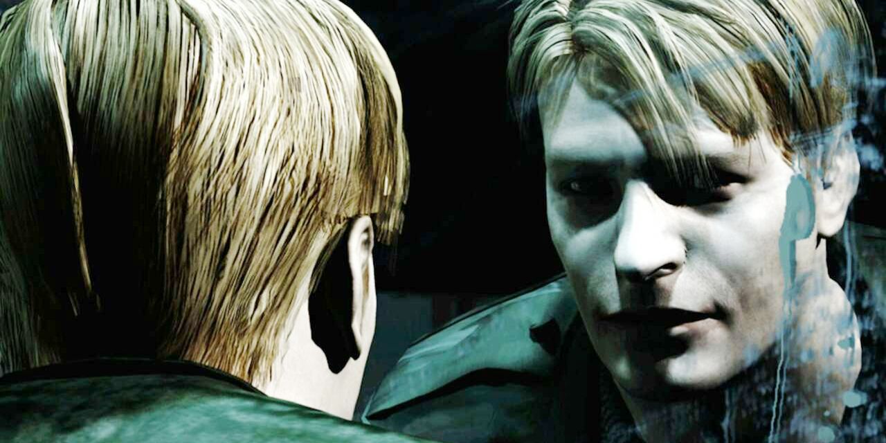 A blond man stares into a dirty mirror in Silent Hill 2.