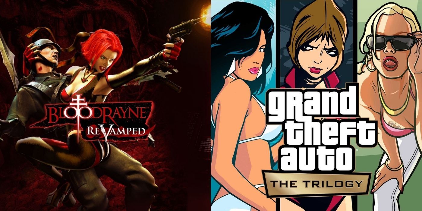 Split image of a female shooting a gun in BloodRayne & three women posing in Grand Theft Auto: The Trilogy.