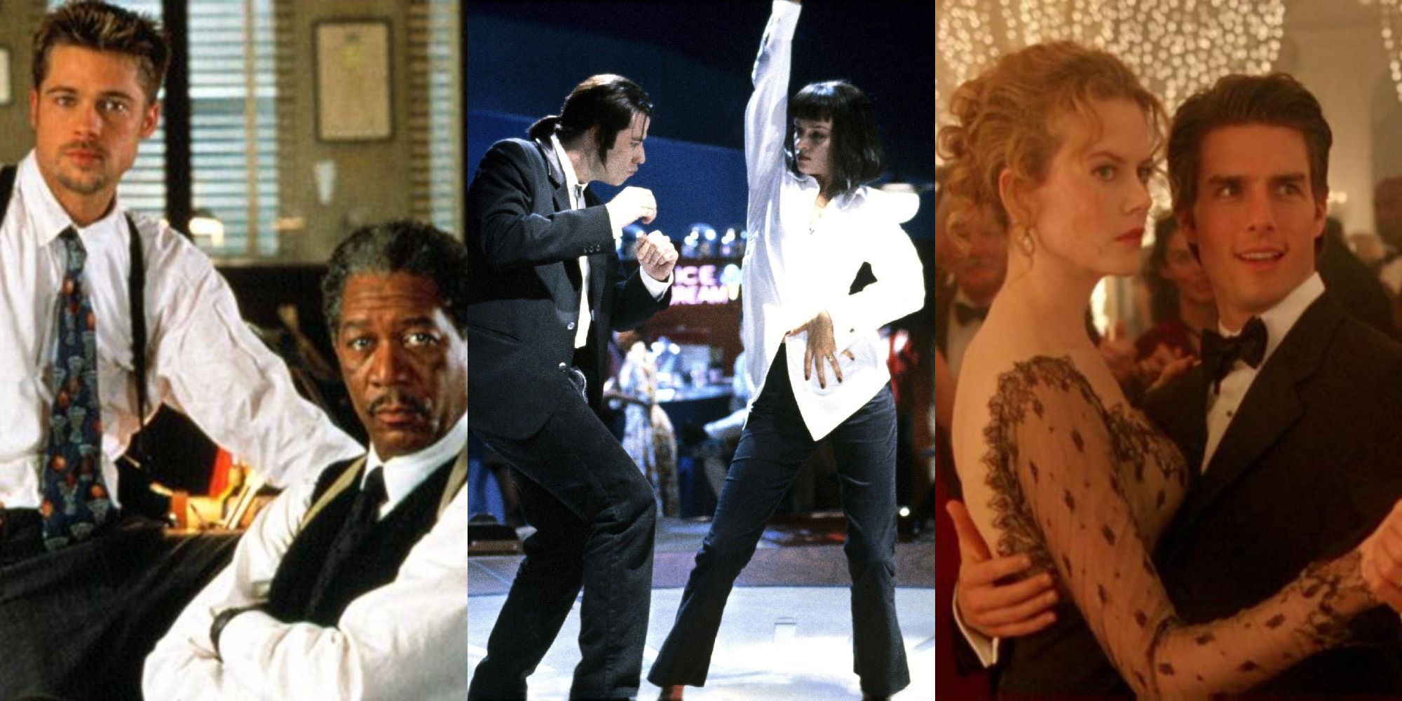 Split image of Brad Pitt and Morgan Freeman in Se7en, John Travolta dancing with Uma Thurman in Pulp Fiction, and Tom Cruise holding Nicole Kidman in Eyes Wide Shut