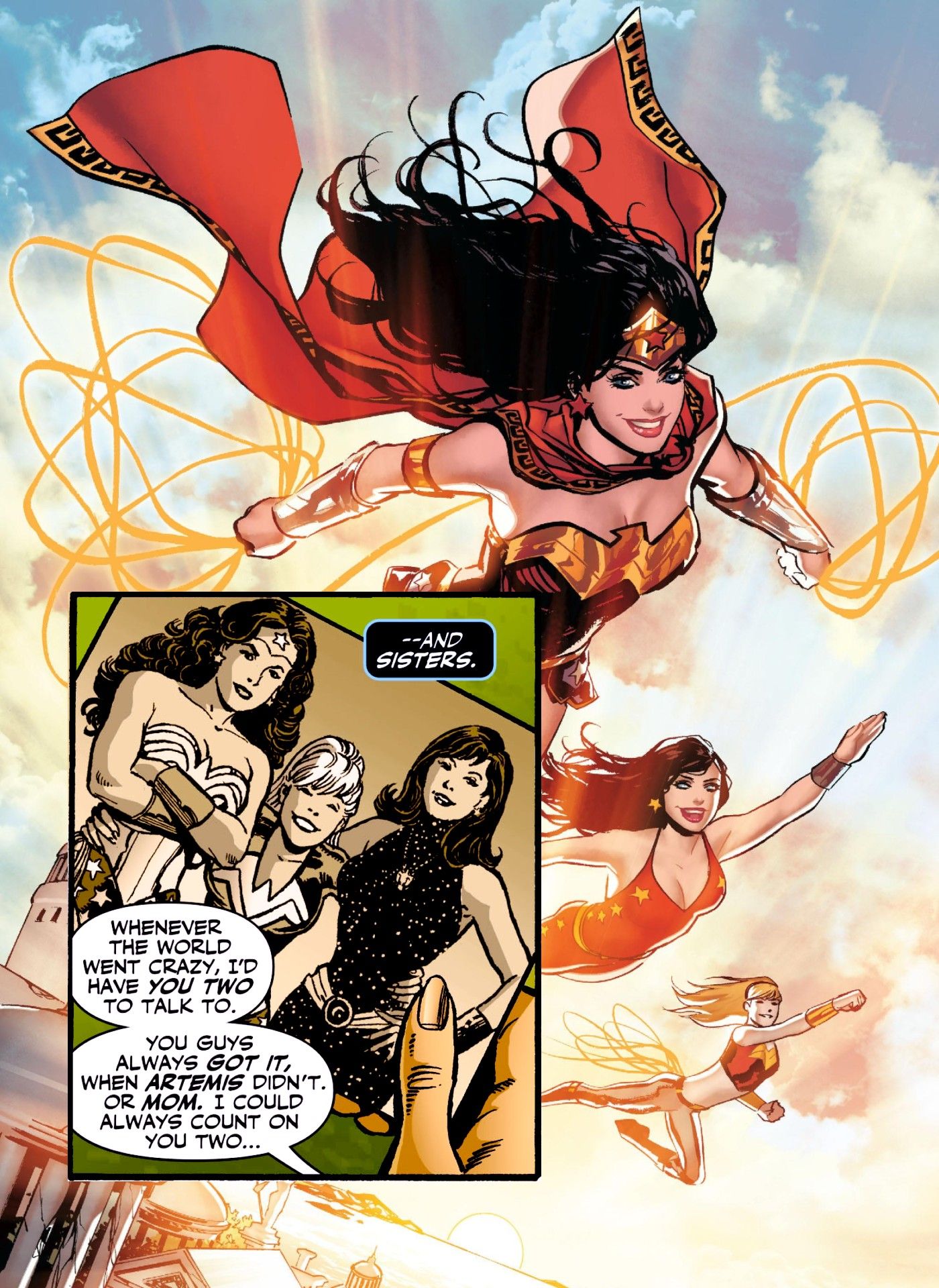 Wonder Woman Cassie and Donna sisters flying.