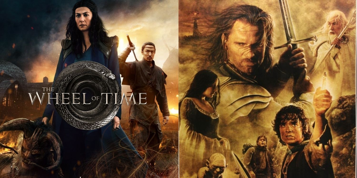 Split image of a Wheel of Time poster with Moiraine and Lan next to a crop of the Return of the King poster featuring Aragorn, Gandalf, and Frodo.