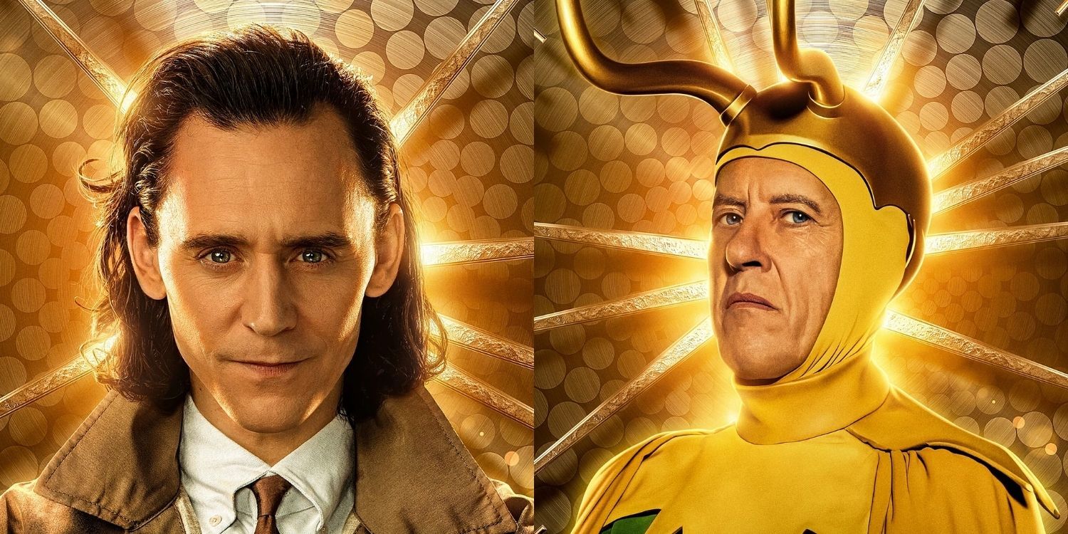 A closeup of Loki next to Classic Loki, both in front of a TVA background
