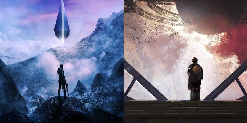 Split image of a figure from Foundation standing in a snowy landscape and a shadowed figure looking out a viewport in A Memory Called Empire