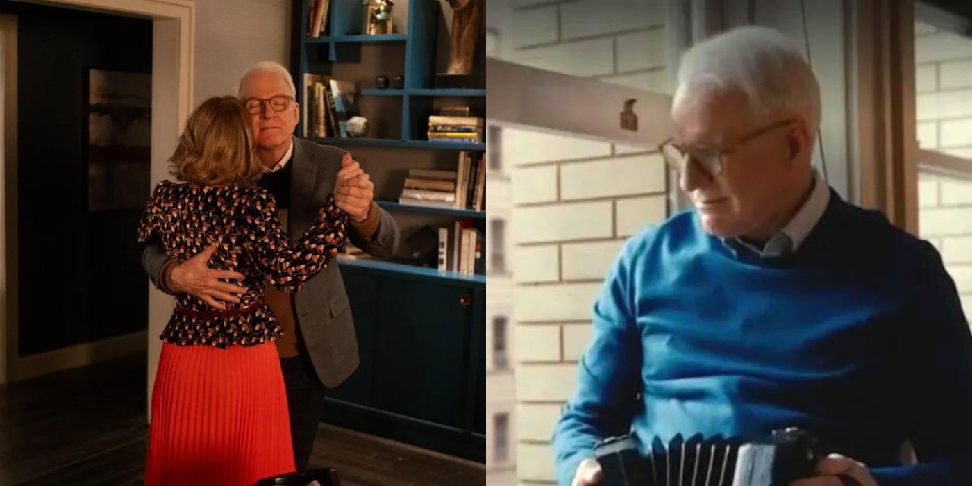 A split image of Charles dancing with Jan and Charles playing music on a concertina in Only Murders in the building