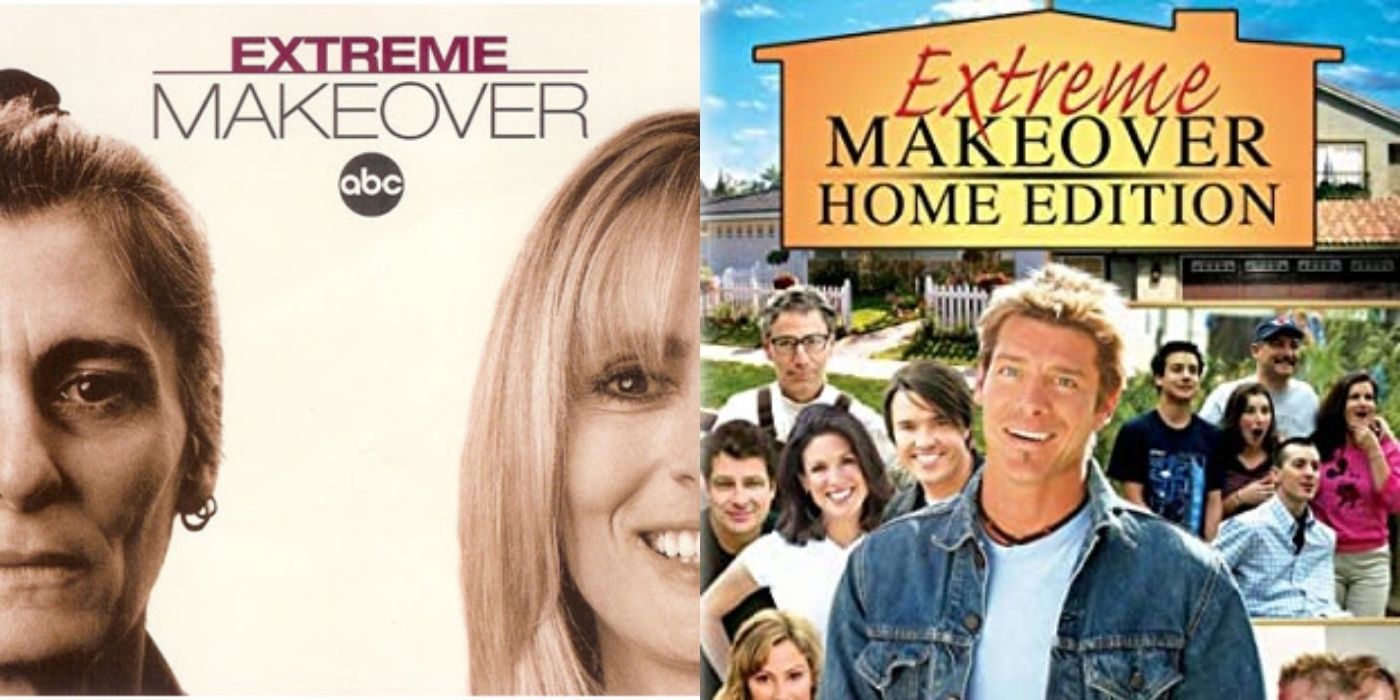 A split image of Extreme Makeover the show and Extreme Makeover Home Edition promo pictures