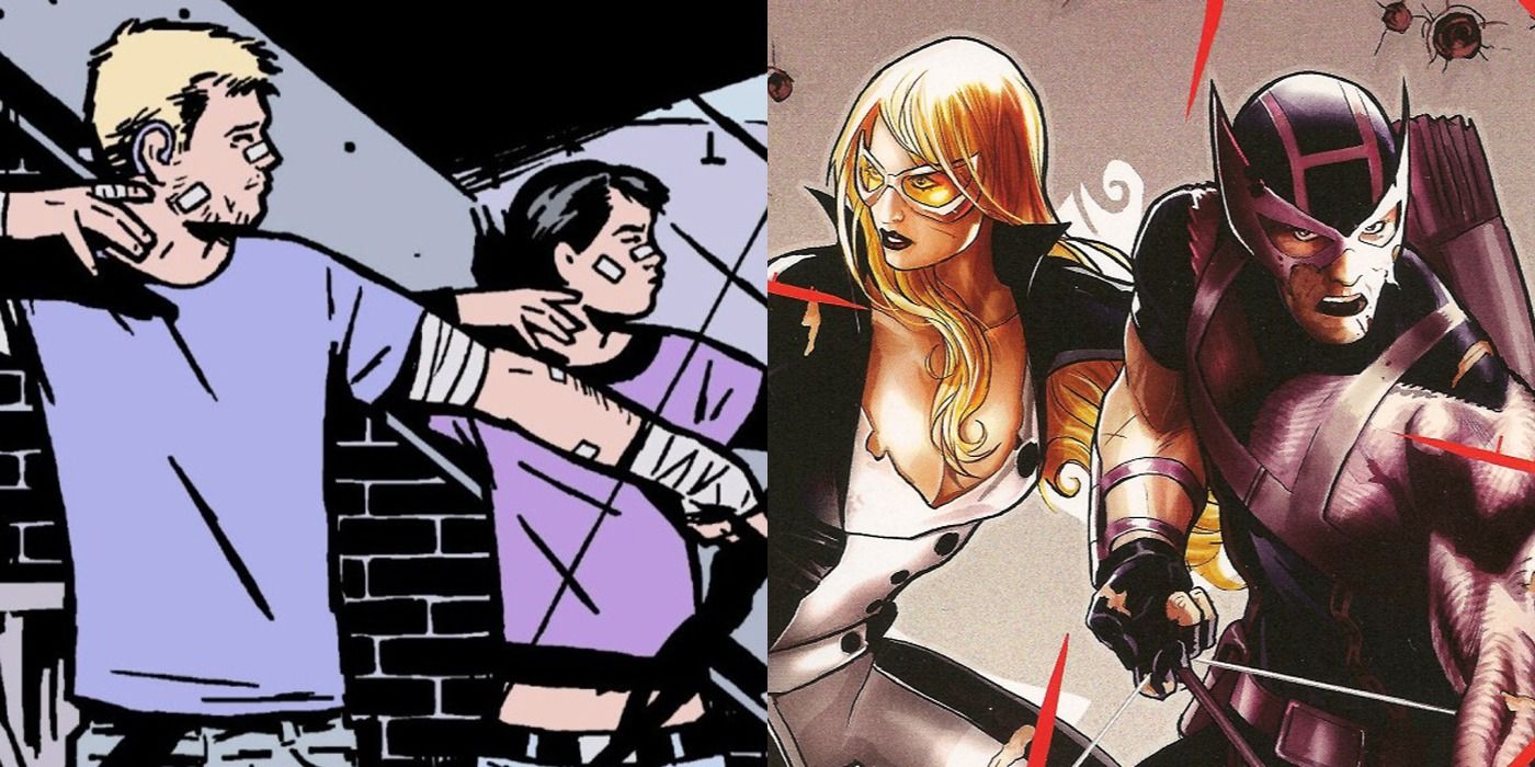 A split image of Hawkeye with Kate Bishop aiming arrows and Mockingbird in Marvel Comics.
