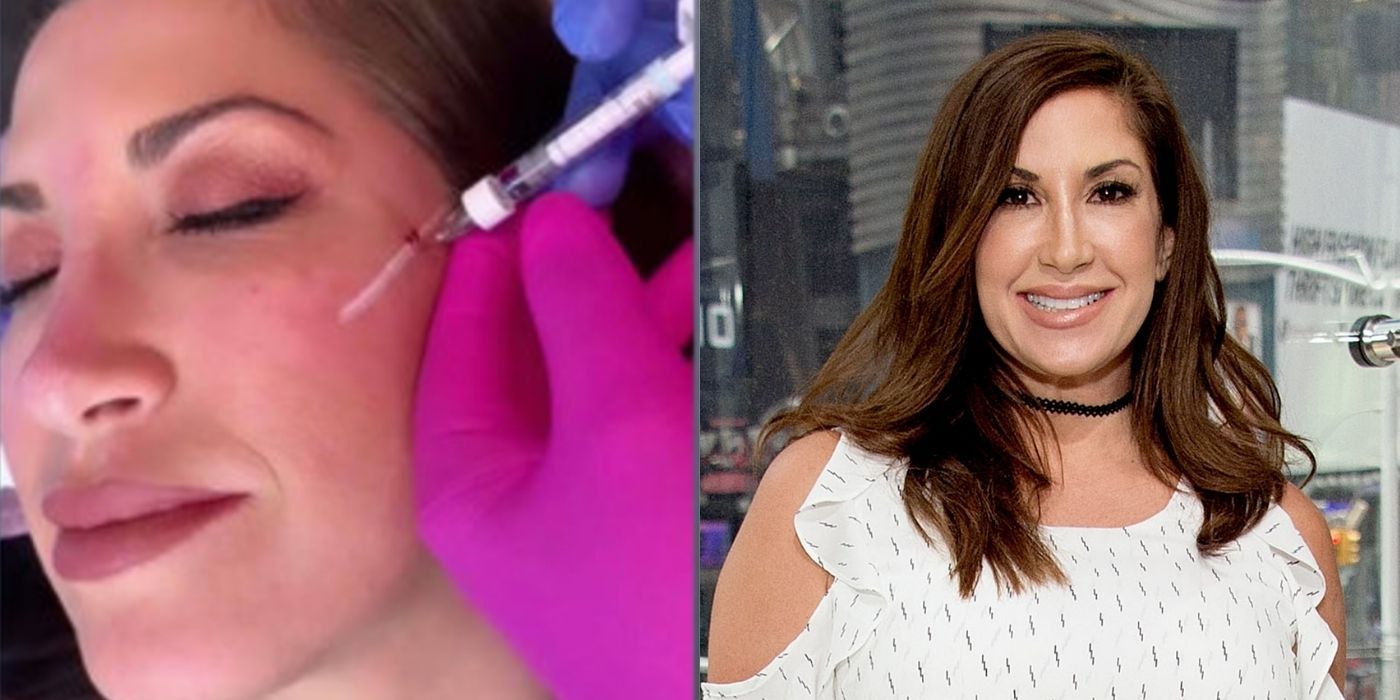 A split image of Jacqueline Laurita getting work done and the results from RHONJ