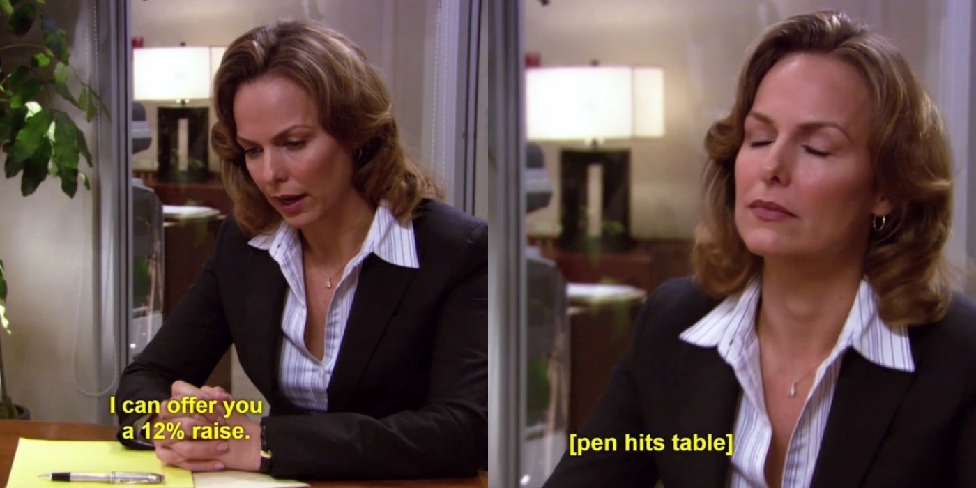 A split image of Jan negotiating with Michael on The Office