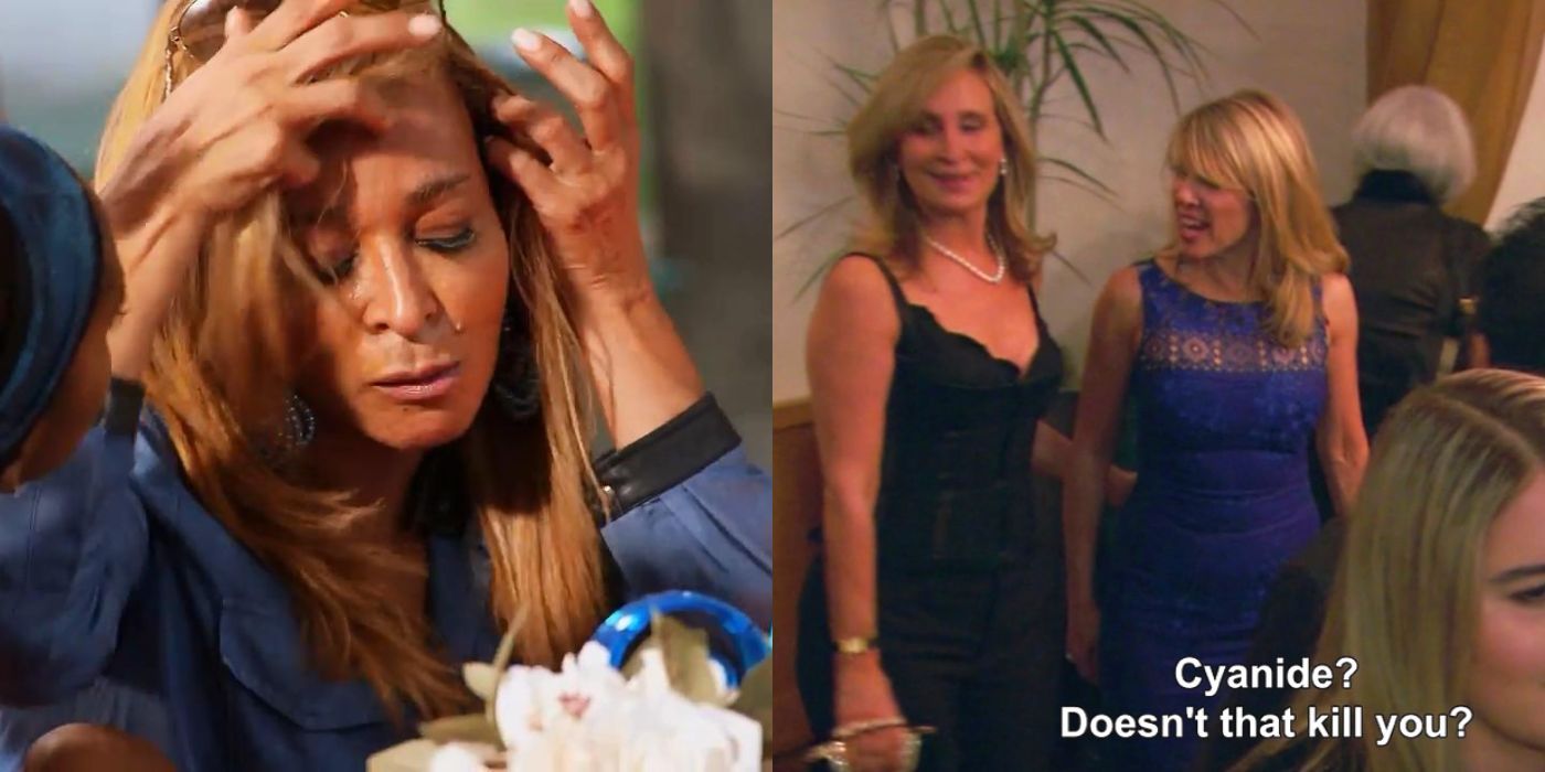 A split image of Karen from RHOP fixing her wig and Ramona talking to Sonja on RHONY
