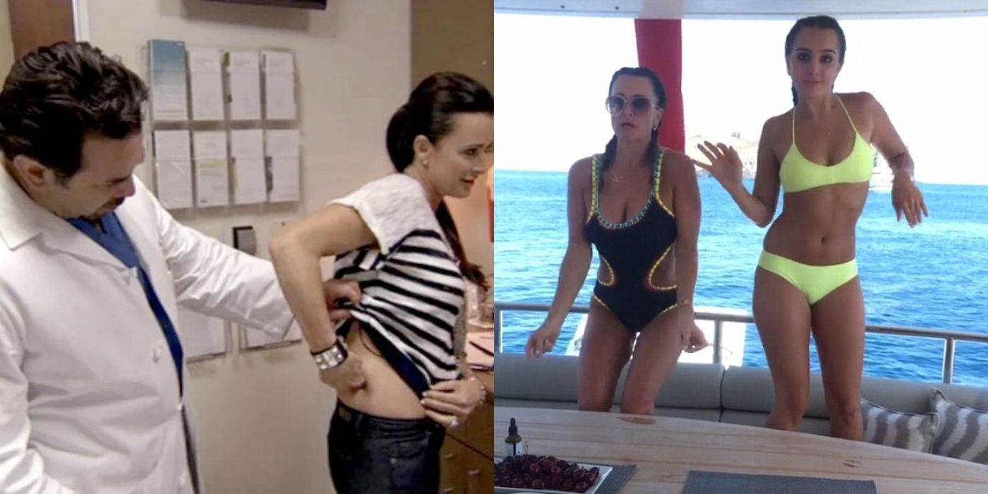 A split image of Kyle Richards with her doctor and later in a bathing suit