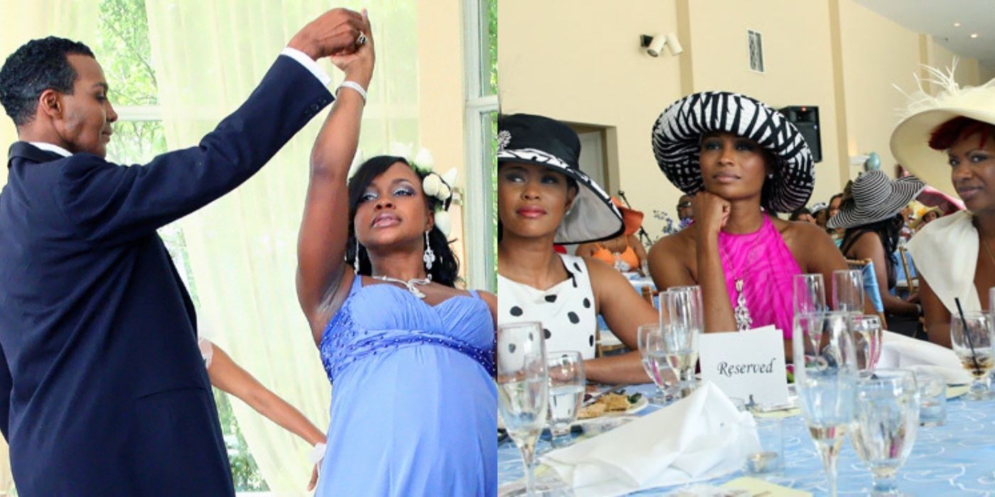 A split image of Phaedra and her friends at her baby shower on an episode of RHOA