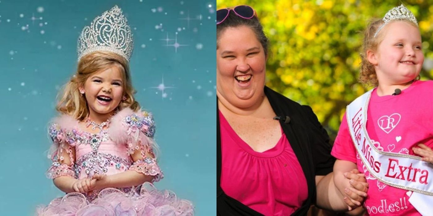 A split image of Toddlers &amp; Tiaras promo picture and Honey Boo Boo