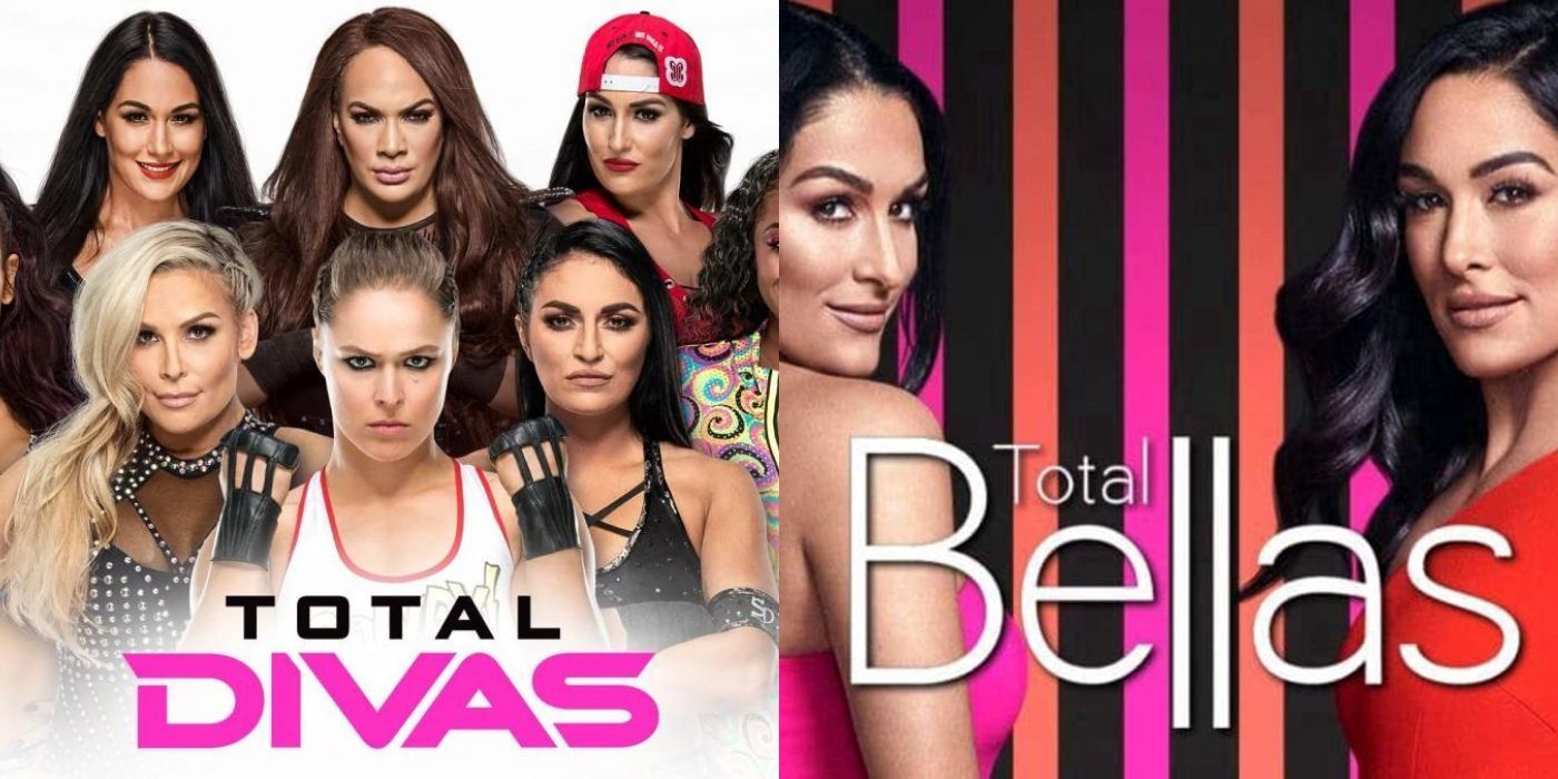 A split image of Total Divas and Total Bellas promo pictures