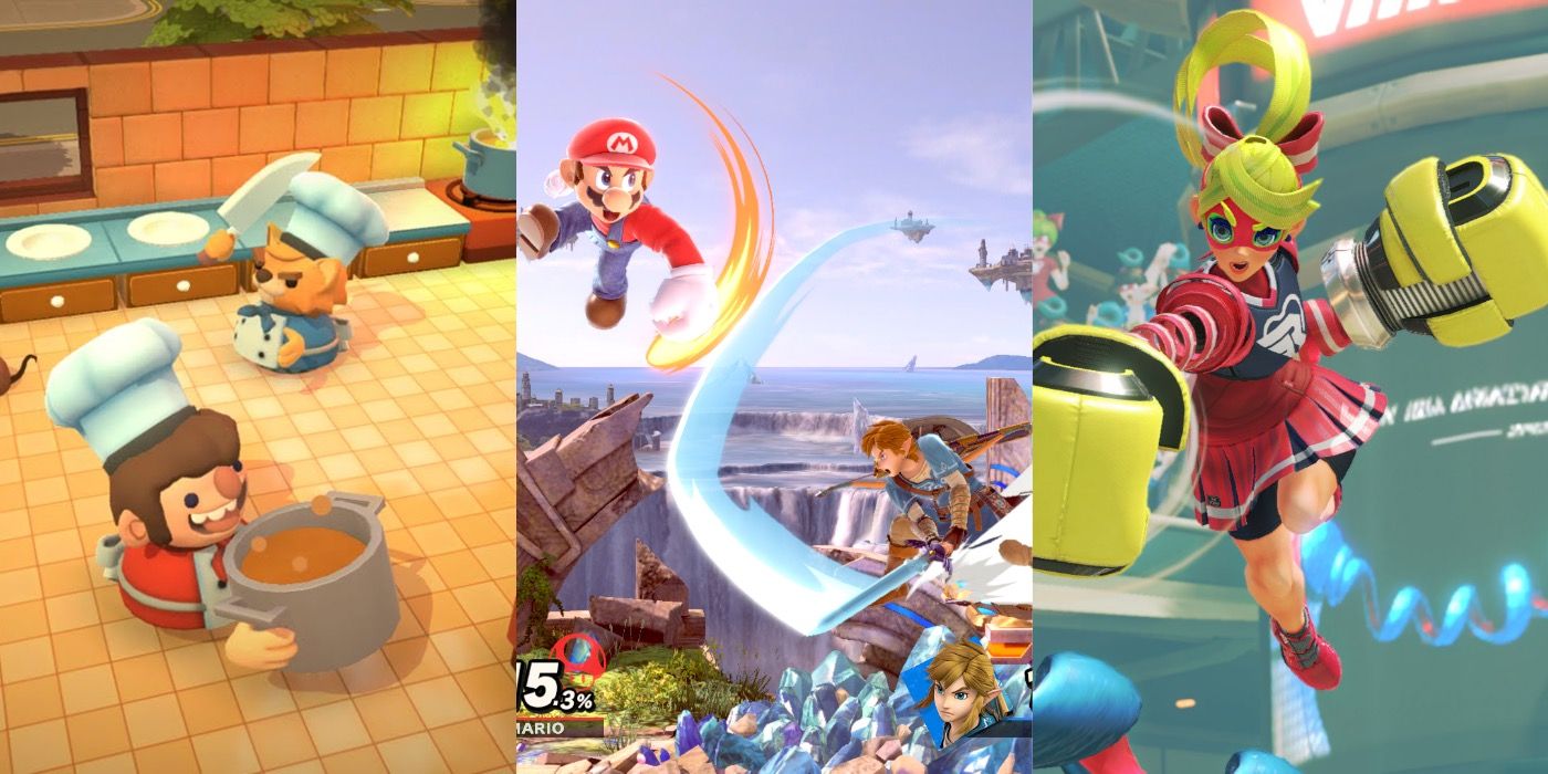 A split image of gameplay from overcooked, smash bros, and arms on the Nintendo Switch