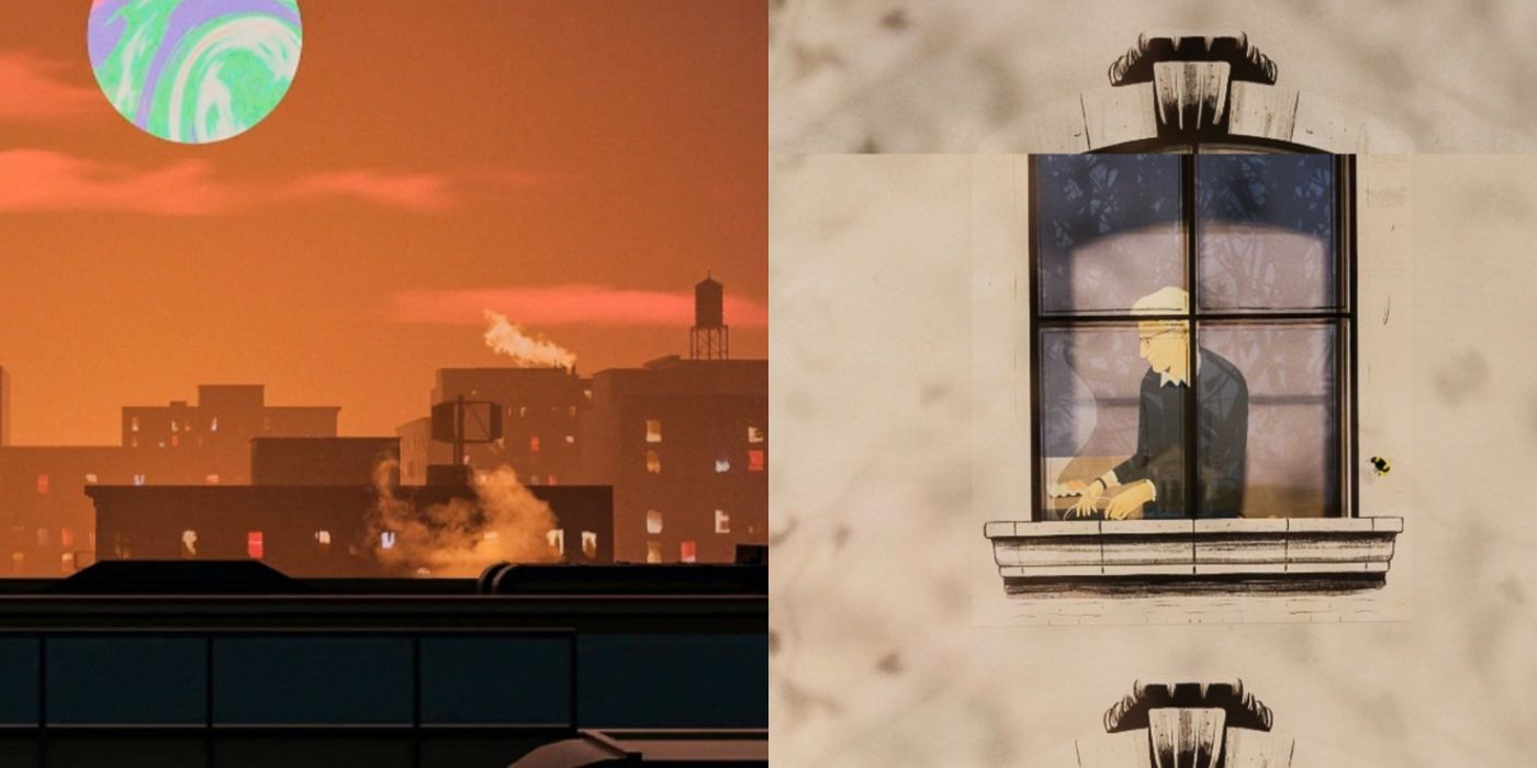 A split image of the opening scenes of Only Murders in the Building