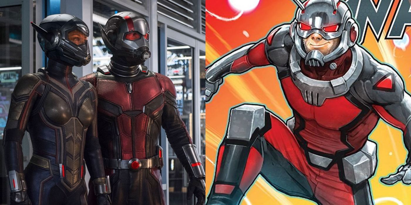 A split screen image of Ant-Man in the movies and comics.