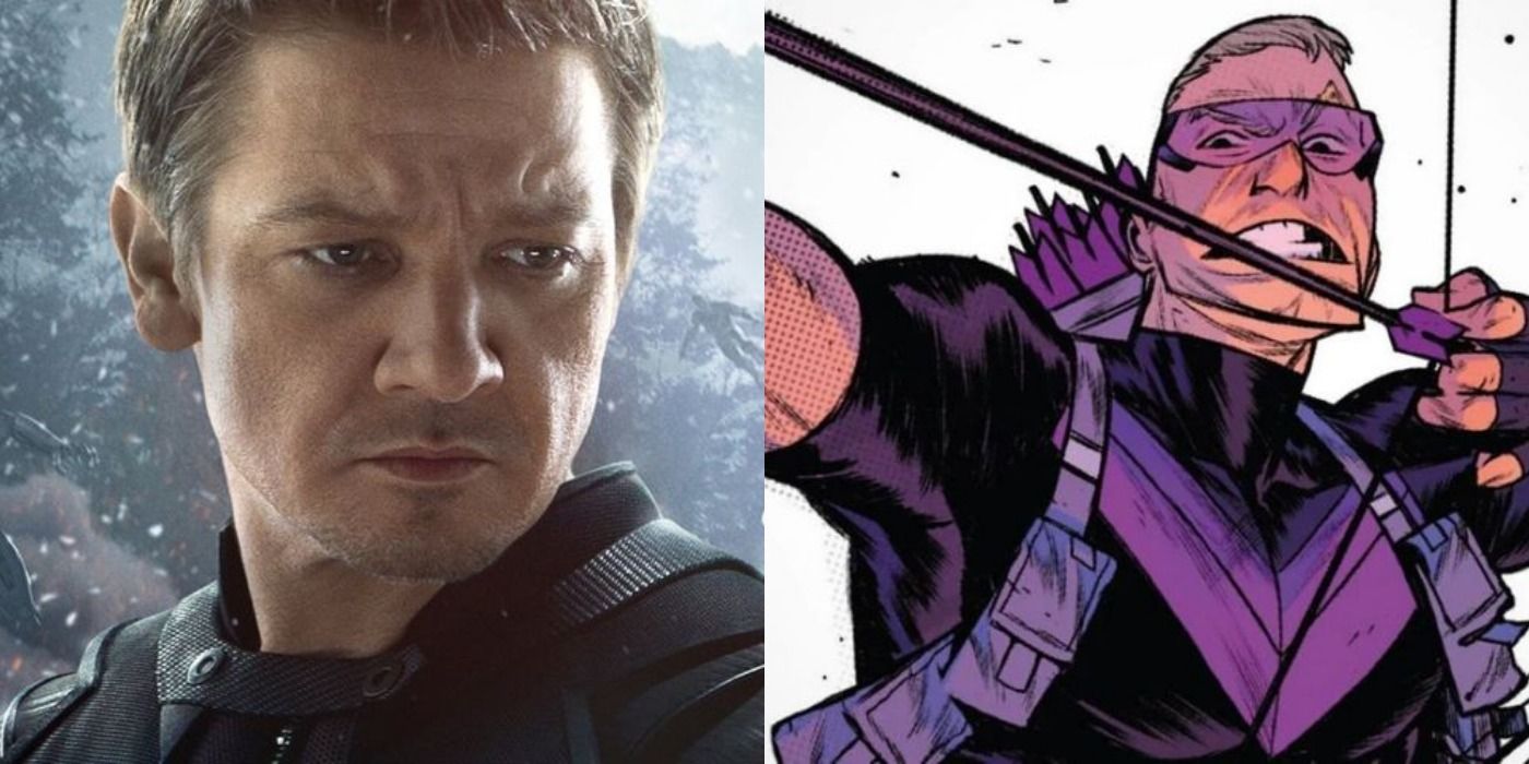 A split screen image of Hawkeye in the movies and comics.