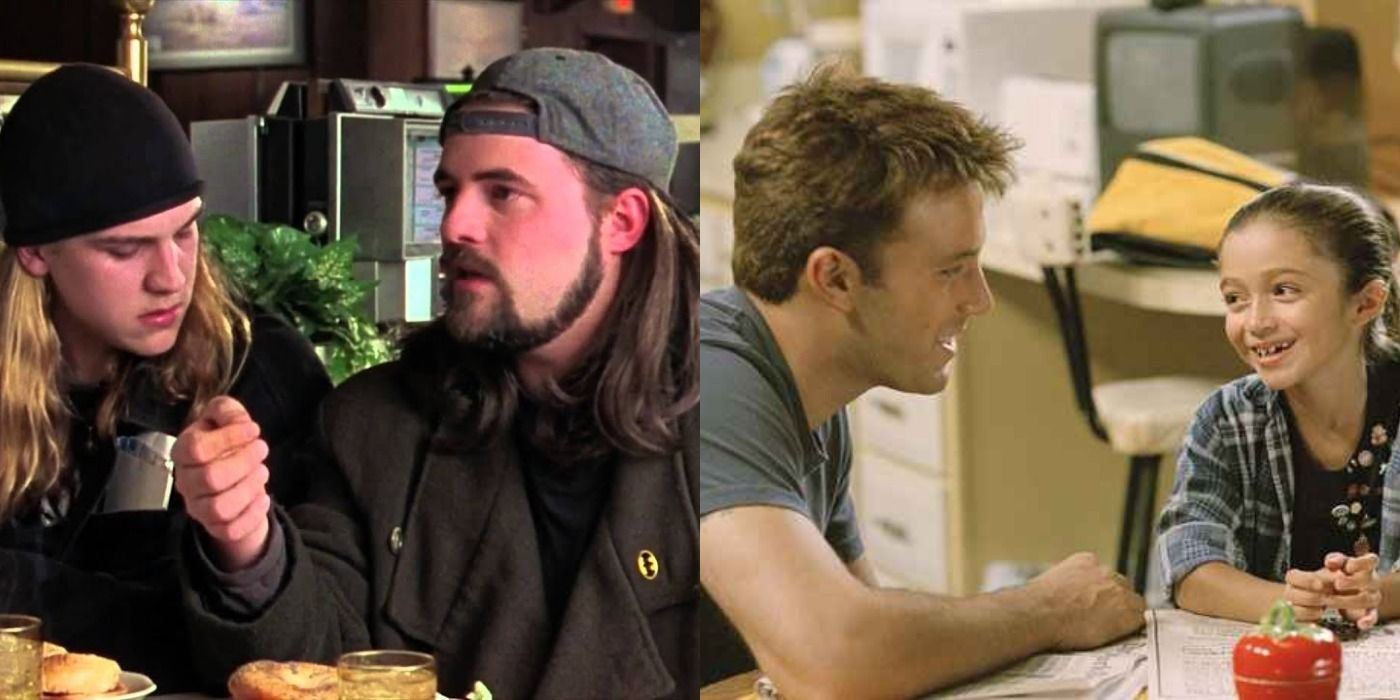 Split image of Jay and Silent Bob in a diner in Chasing Amy and Ollie and Gertie in Jersey Girl