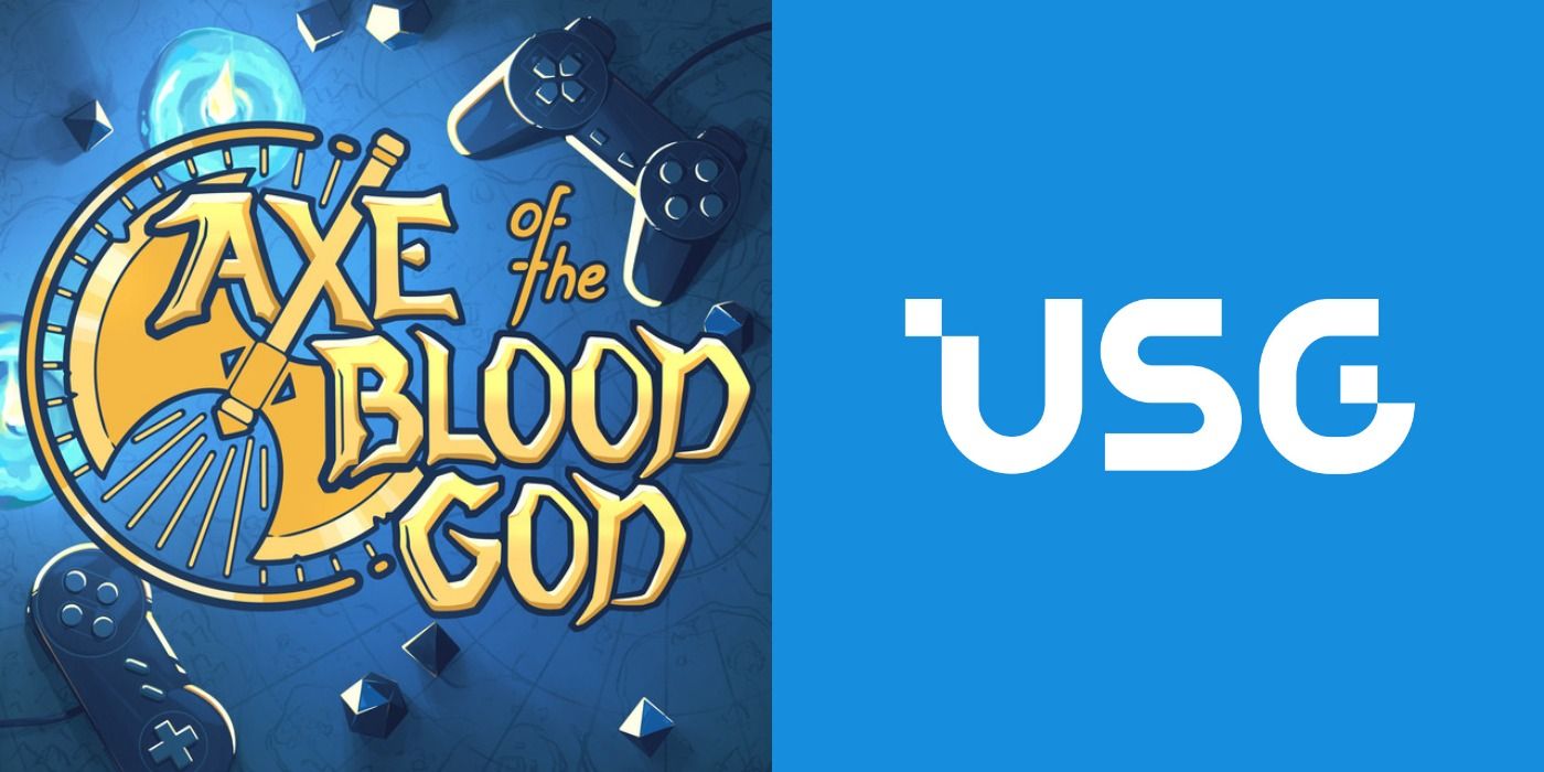 Axe of the Blood God's axe and controller-themed logo and the USgamer logo