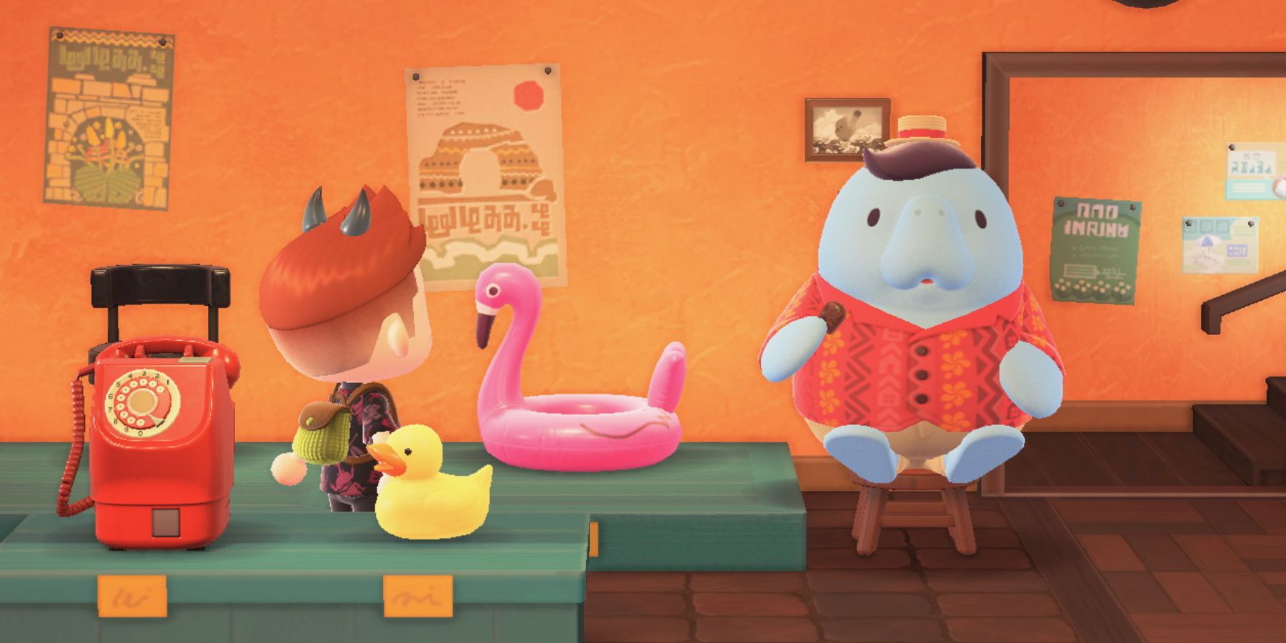 A player examines a Flamingo Floatie on sale at the Happy Home Paradise DLC Office Shop in Animal Crossing: New Horizons