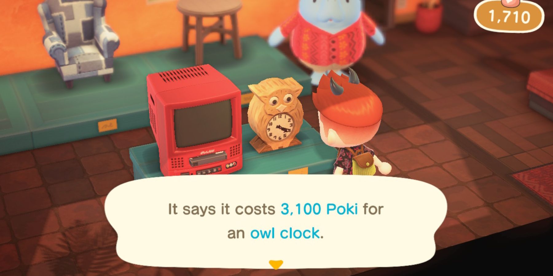 A player examines an owl clock on sale for Poki at the Happy Home Paradise DLC Office Shop in Animal Crossing: New Horizons