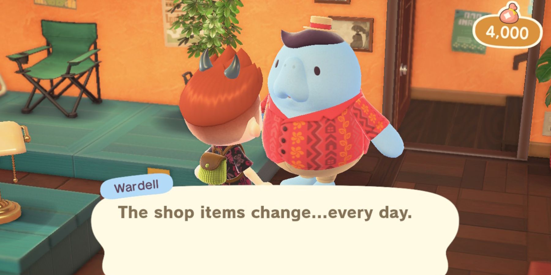 An Animal Crossing Villager talking to Wardell in ACNH
