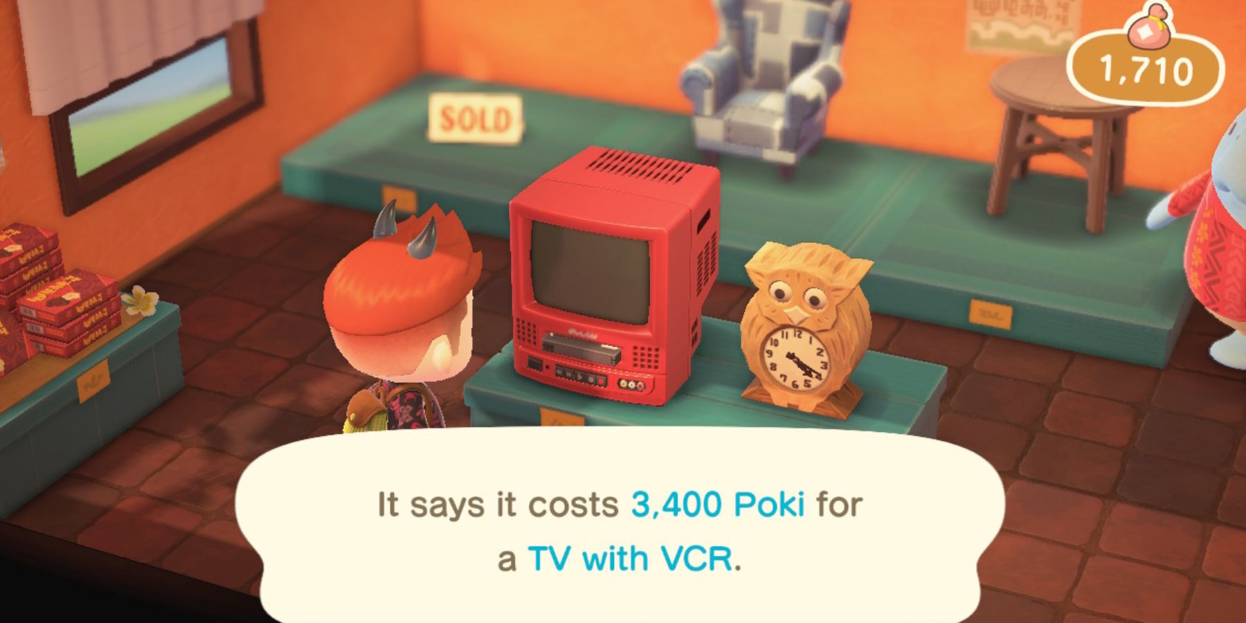 A player examines a TV-VCR combo on sale for Poki at the Happy Home Paradise DLC Office Shop in Animal Crossing: New Horizons