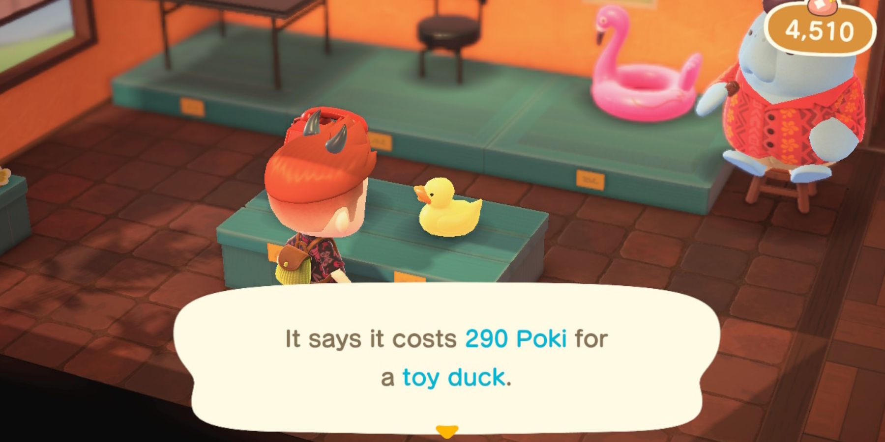 A player examines a toy duck on sale for Poki at the Happy Home Paradise DLC Office Shop in Animal Crossing: New Horizons