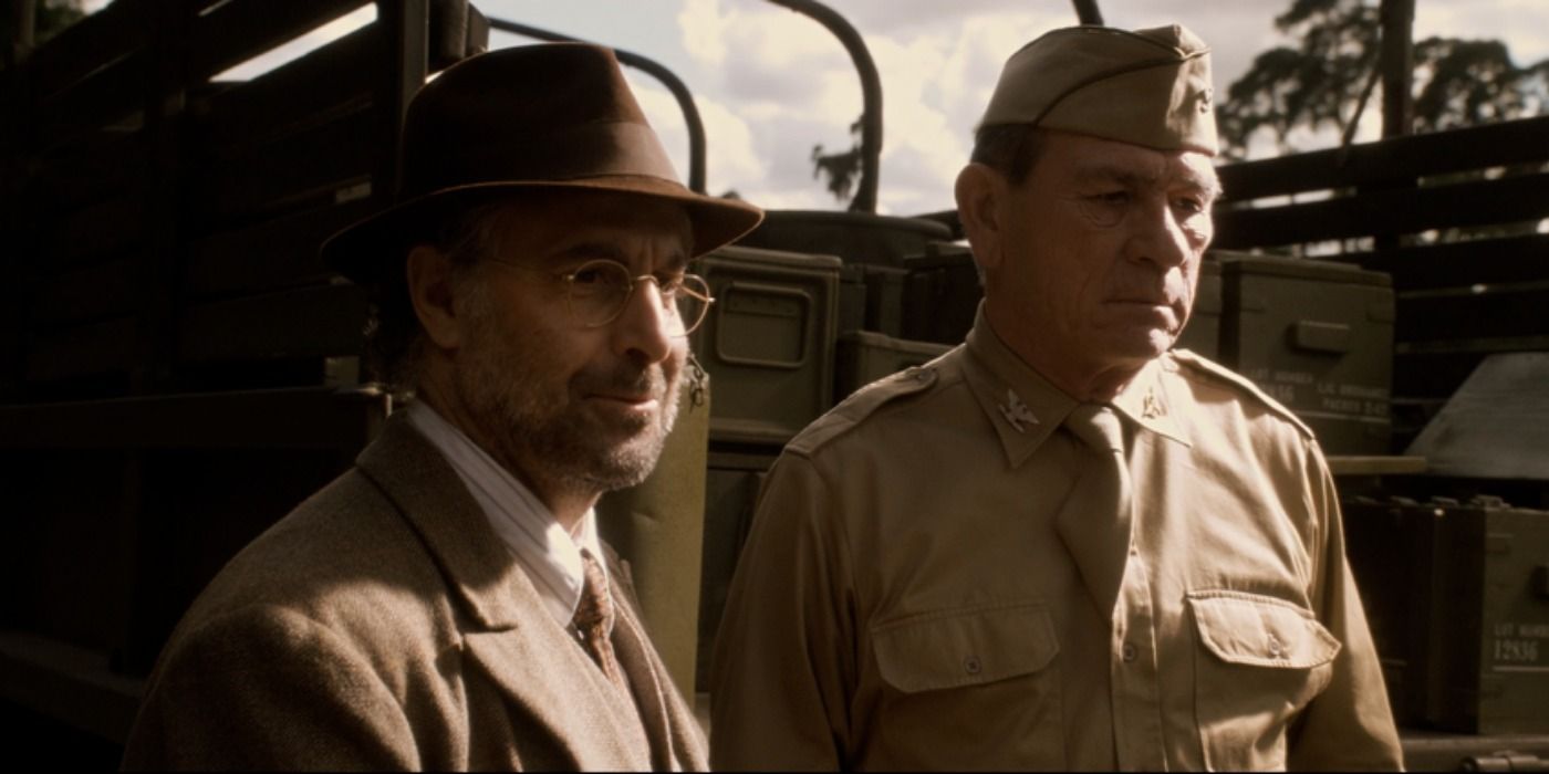 Abraham Erskine standing with Colonel Chester Phillips in Captain America The First Avenger.