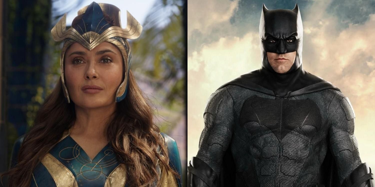 Ajak smiling slightly and Batman in cape and cowl.