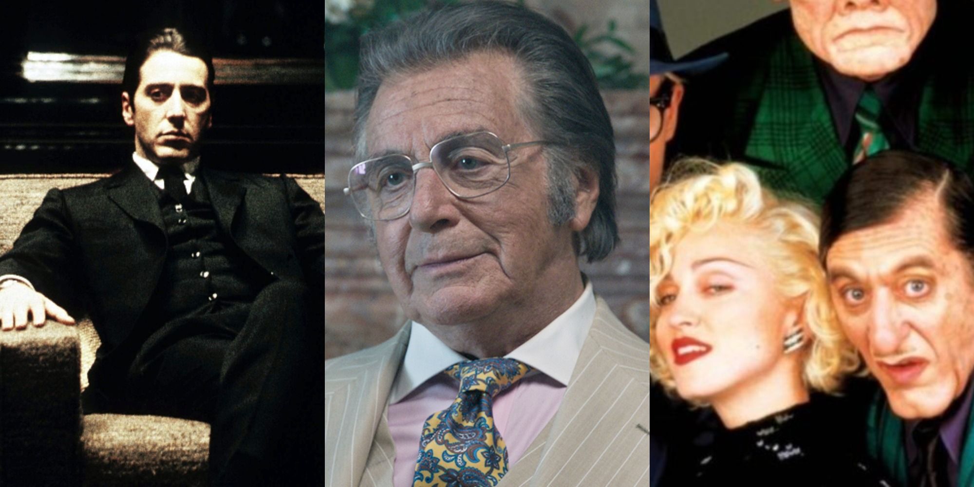 Split image of Al Pacino in The Godfather, House of Gucci, and Dick Tracy