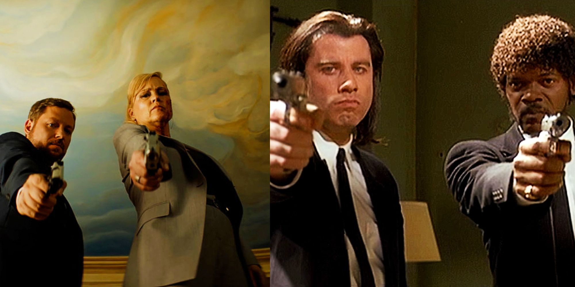 Alex Vincent as Andy Barclay and Christine Elise as Kyle in Chucky episode 6, John Travolta as Vincent Vega and Samuel L Jackson as Jules Winnfield in Pulp Fiction