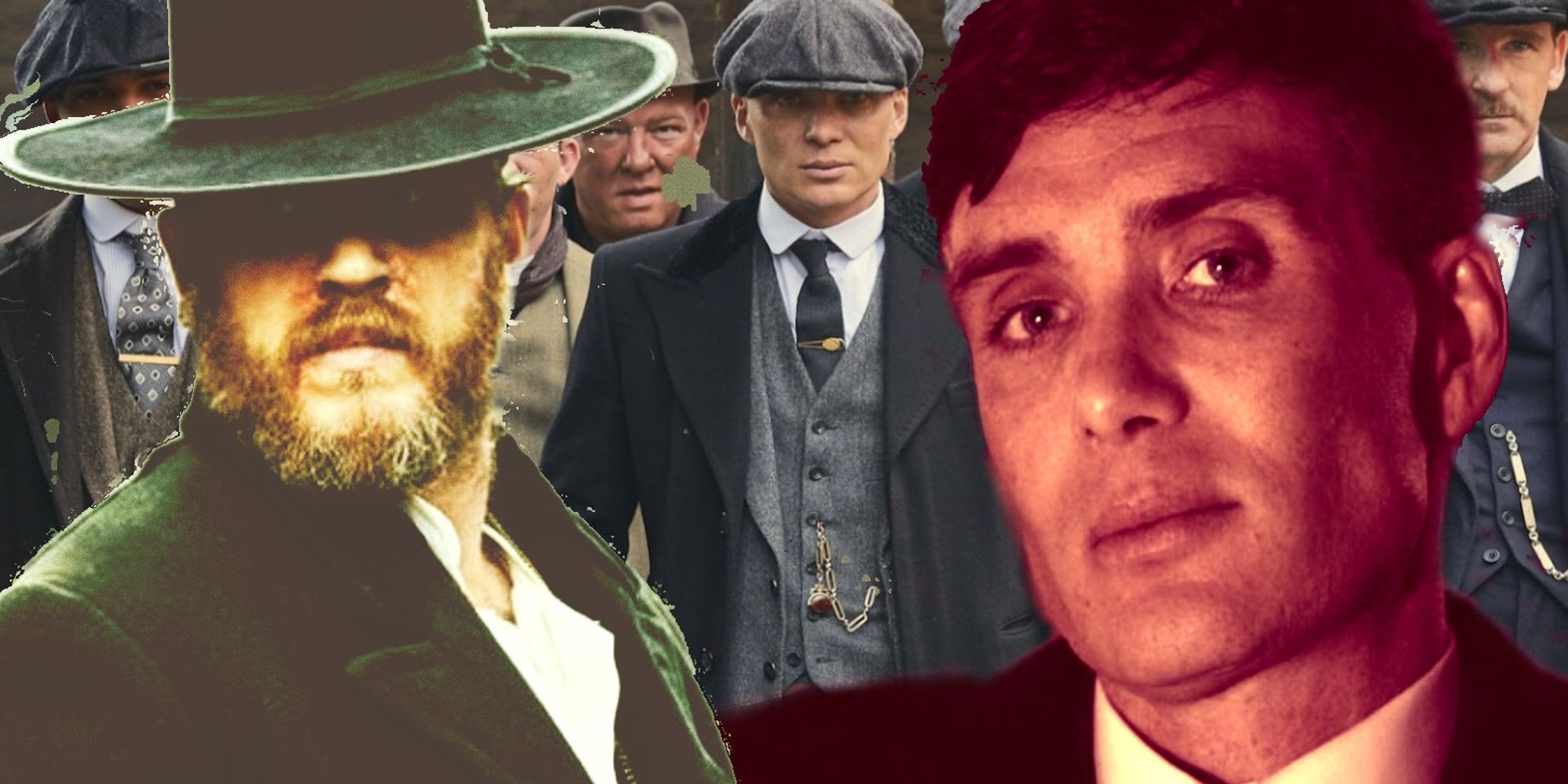 A collage featuring the peaky blinders behind images of Alfie Solomons (Tom Hardy) and Tommy Shelby (Cillian Murphy) from Peaky Blinders